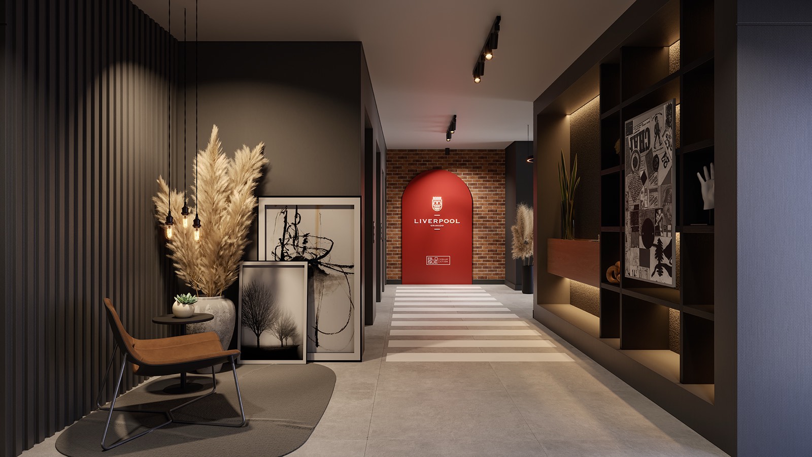 Hall de entrada com tijolo aparente, iluminação âmbar e portal arqueado
