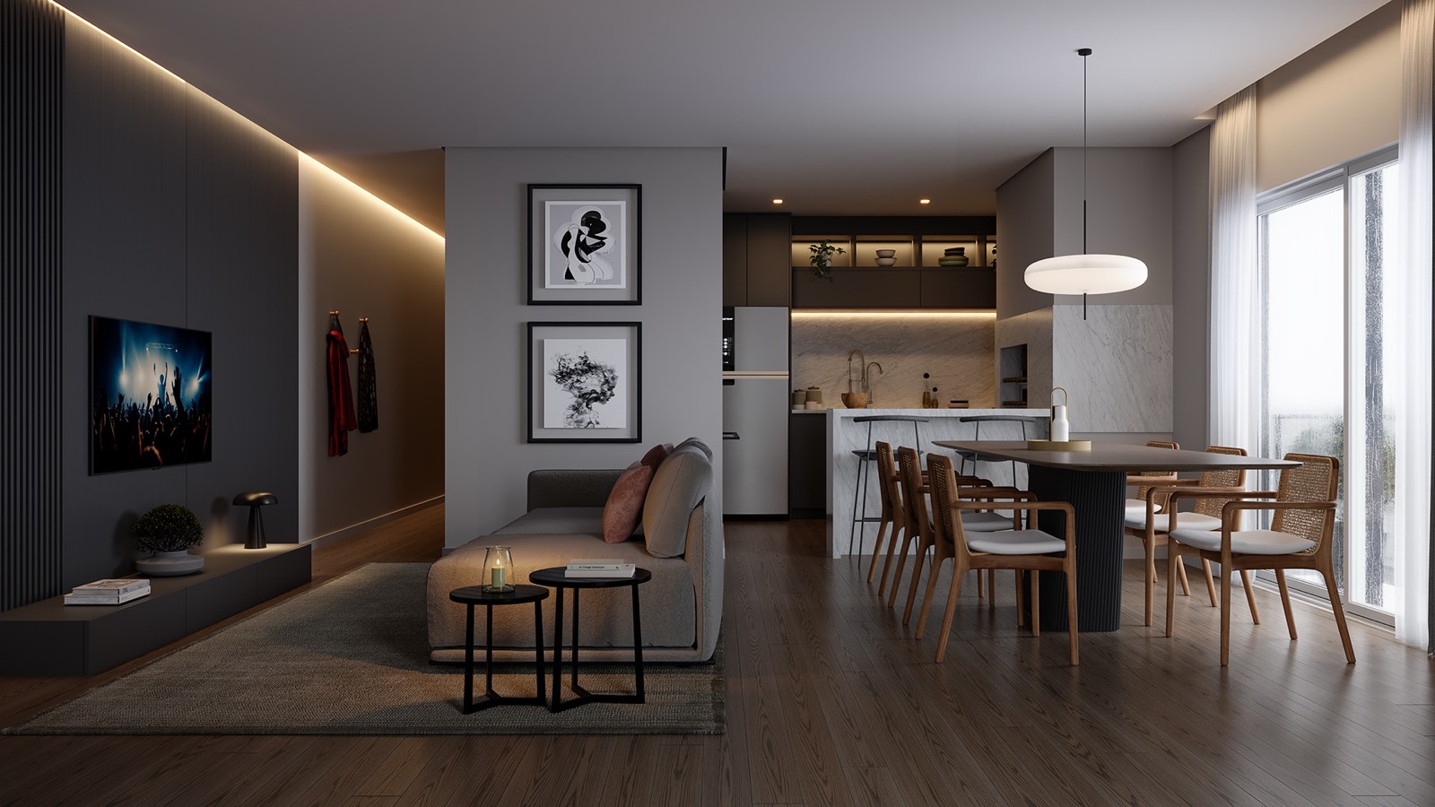 Living integrado à cozinha com iluminação cênica