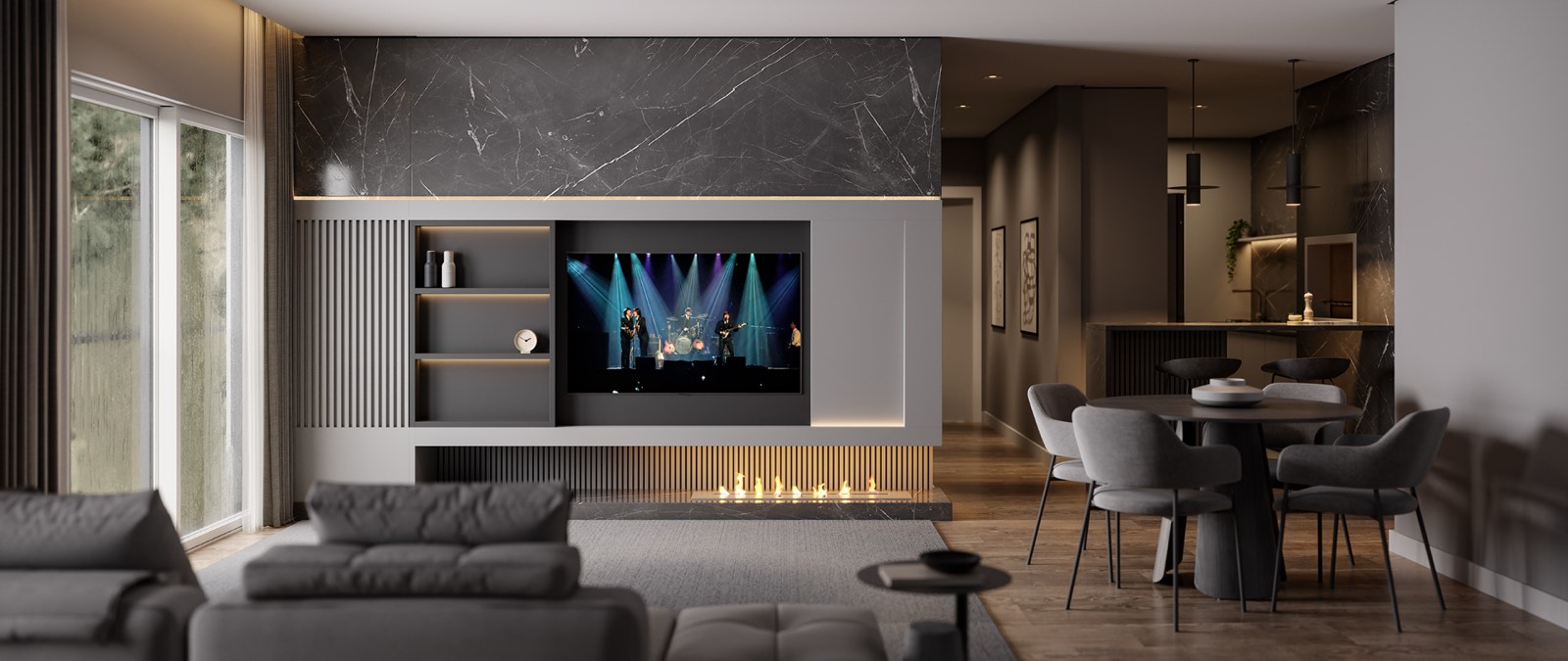 Living com lareira e painel em mármore